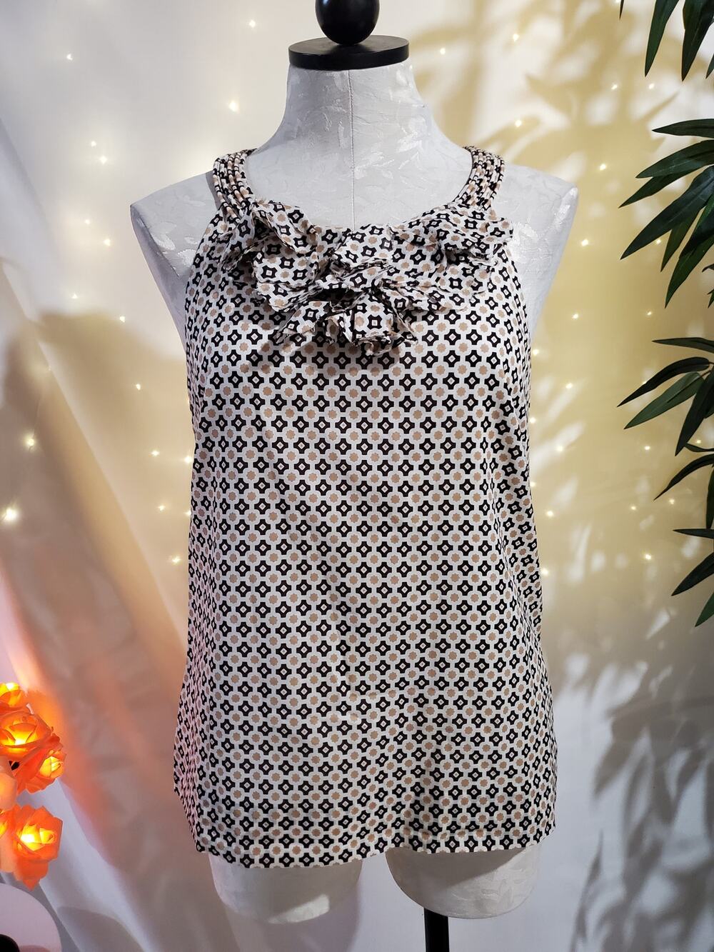 J. Crew Vintage Y2K Retro Ruffle Front Geometric Sleeveless Top Womens Size 6